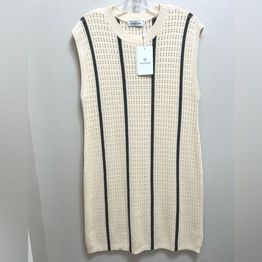 NWT Anine Bing Lanie Knit Mini Dress Sleeveless Cream Green Size L - Picture 2 of 8